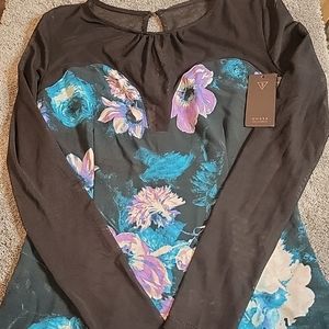 Guess Sheer Floral and Sheer shoulder/arms Top Size S